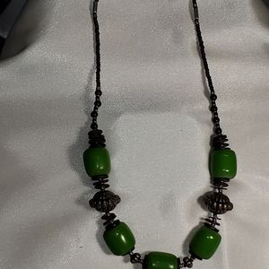 Green, black and silver toned beaded necklace